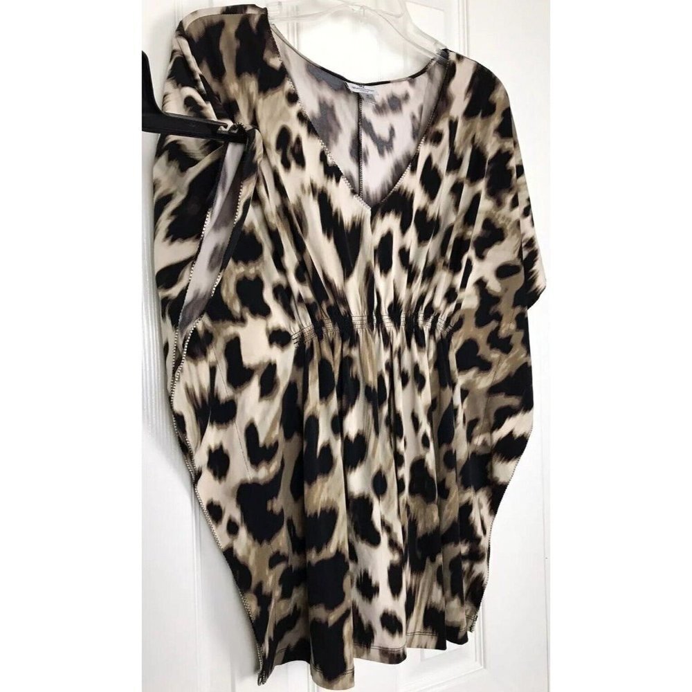 Worthington Women's Medium Leopard Print Pancho Style Top Stretch Gathered Waist - Picture 3 of 9